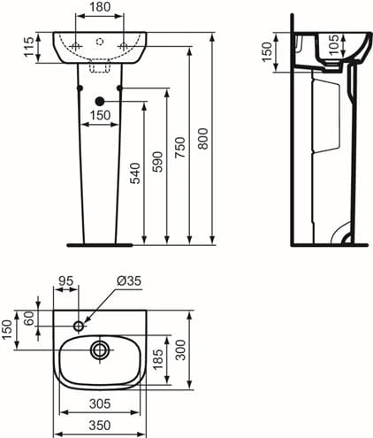 IDEAL STANDARD I.LIFE A umývadlo 35 cm, s otvorom vľavo pre batériu a prepadom T470901 Technický nákres