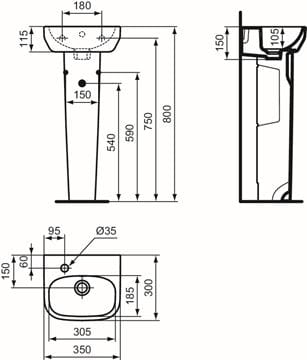 IDEAL STANDARD I.LIFE A umývadlo 35 cm, s otvorom vľavo pre batériu a prepadom T470901 Technický nákres