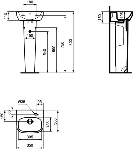 IDEAL STANDARD I.LIFE A umývadlo 35 cm, s otvorom vpravo pre batériu a prepadom T471001 Technický nákres