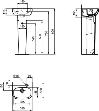 IDEAL STANDARD I.LIFE A umývadlo 35 cm, s otvorom vpravo pre batériu a prepadom T471001 Technický nákres