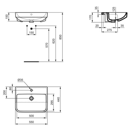 IDEAL STANDARD I.LIFE B umývadlo 45 cm, s otvorom pre batériu a prepadom T461001 Technický nákres