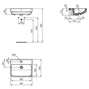 IDEAL STANDARD I.LIFE B umývadlo 45 cm, s otvorom pre batériu a prepadom T461001 Technický nákres