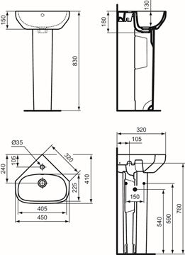 IDEAL STANDARD I.LIFE A umývadlo rohové 45 cm, s otvorom pre batériu a prepadom T471101 Technický nákres