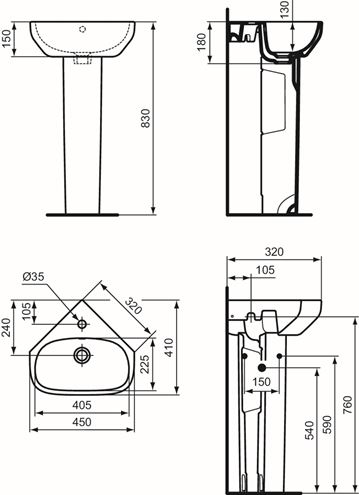 IDEAL STANDARD I.LIFE A umývadlo rohové 45 cm, s otvorom pre batériu a prepadom T471101 Technický nákres
