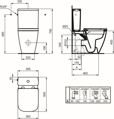 IDEAL STANDARD I. LIFE S WC kombi misa, Rimless, zadný odpad T500001 Technický nákres