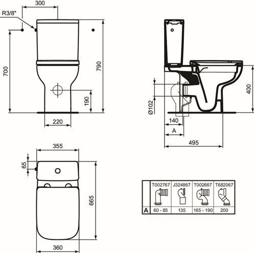 IDEAL STANDARD I. LIFE A WC kombi misa, Rimless, vario odpad T472101 Technický nákres