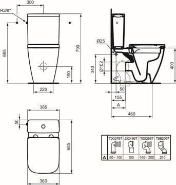 IDEAL STANDARD I. LIFE S WC kombi nádržka, bočný prívod vody, 2 množstvo splachovania T499801 Technický nákres