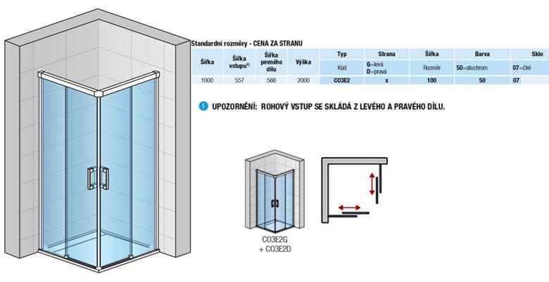 CONCEPT 300 STYLE sprchové dvere 100x200 cm, posuvné, ľavé, aluchróm/číre sklo CO3E2 G 100 50 07 Technický nákres