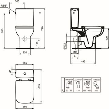 IDEAL STANDARD I. LIFE A WC kombi nádržka, spodný prívod vody, 2 množstvo splachovania T472301 Technický nákres