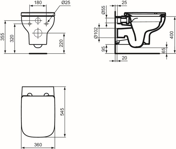 IDEAL STANDARD I.LIFE A závesné WC, Rimless splachovanie T471701 Technický nákres