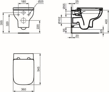 IDEAL STANDARD I.LIFE A závesné WC, Rimless splachovanie T471701 Technický nákres