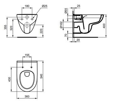 IDEAL STANDARD I.LIFE A závesné WC, Rimless splachovanie T471601 Technický nákres