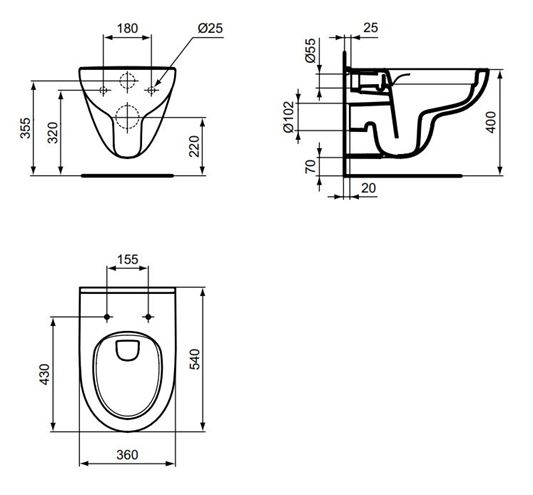 IDEAL STANDARD I.LIFE A závesné WC, Rimless splachovanie T471601 Technický nákres