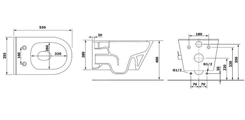 EDEN AYVA sprchovacie WC so sedátkom, Rimless 100315 Technický nákres