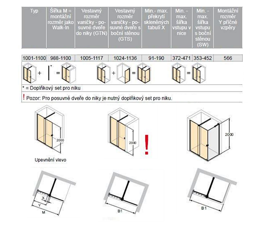 CONCEPT INTENSA sprchové dvere 110x200 cm, posuvné, ľavé, čierna / sklo číre XT2102.123.322.881 Technický nákres