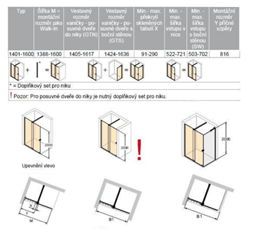 CONCEPT INTENSA sprchové dvere 160x200 cm, posuvné, ľavé, čierna / sklo číre XT2105.123.322.881 Technický nákres