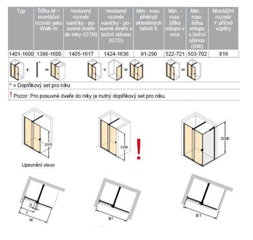 CONCEPT INTENSA sprchové dvere 160x200 cm, posuvné, ľavé, čierna / sklo číre XT2105.123.322.881 Technický nákres