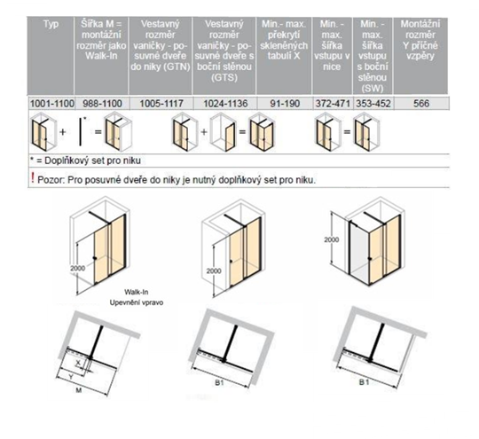 CONCEPT INTENSA sprchové dvere 110x200 cm, posuvné, pravé, čierna / sklo číre XT2202.123.322.881 Technický nákres