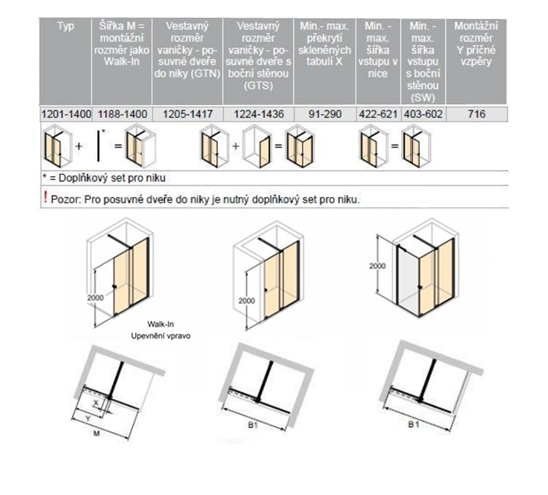 CONCEPT INTENSA sprchové dvere 140x200 cm, posuvné, pravé, čierna / sklo číre XT2204.123.322.881 Technický nákres