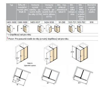 CONCEPT INTENSA sprchové dvere 160x200 cm, posuvné, pravé, čierna / sklo číre XT2205.123.322.881 Technický nákres