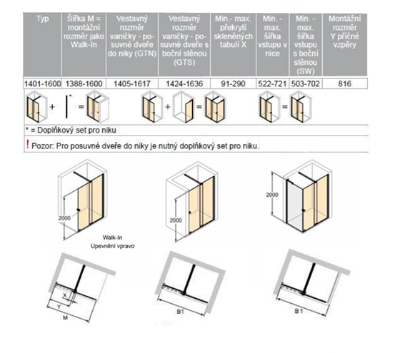 CONCEPT INTENSA sprchové dvere 160x200 cm, posuvné, pravé, čierna / sklo číre XT2205.123.322.881 Technický nákres