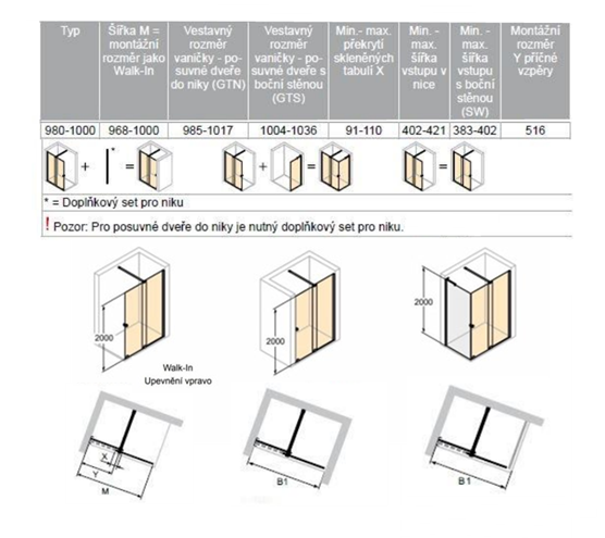 CONCEPT INTENSA sprchové dvere 100x200 cm, posuvné, pravé, čierna / sklo číre XT2201.123.322.881 Technický nákres