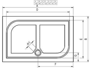 RIHO KOLPING DB36 sprchová vanička 140x90 cm, liaty mramor, s nožičkami, s protišmykom D004010005 Technický nákres