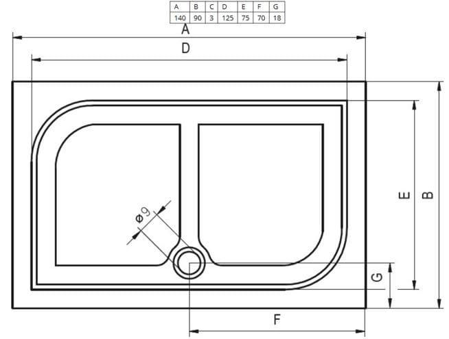 RIHO KOLPING DB36 sprchová vanička 140x90 cm, liaty mramor, s nožičkami, s protišmykom D004010005 Technický nákres