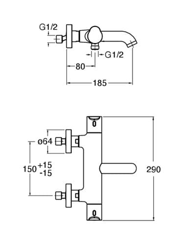 CONCEPT 300 ROUND vaňová nástenná termostatická batéria, s prepínačom, matná čierna CRIND15713CON Technický nákres