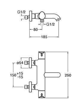 CONCEPT 300 ROUND vaňová nástenná termostatická batéria, s prepínačom, chróm CRIND15751CON Technický nákres