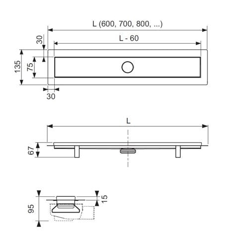 TECE LINUS sprchový žľab 600 mm, do priestoru, bočný odtok DN 50, rošt 2v1, membránový pachový uzáver, nerez oceľ 15103069 Technický nákres