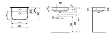 LAUFEN FIORA umývadlo 60 cm, s otvorom pre batériu a prepadom H811923000104L Technický nákres