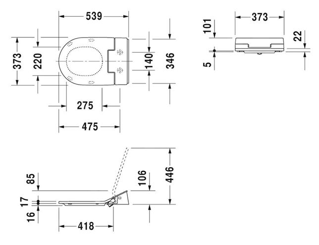 DURAVIT SENSOWASH SLIM bidetové sedadlo, pre WC ME by Starck, SoftClose 611000002304300 Technický nákres