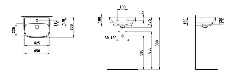 LAUFEN FIORA umývadlo 45 cm, s otvorom pre batériu, s prepadom H811920000104L Technický nákres
