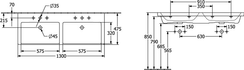 VILLEROY & BOCH VERITY EXCLUSIVE dvojumývadlo 130 cm, s 2 otvormi pre batérie a prepadom, alpská biela 5A29D501 Technický nákres