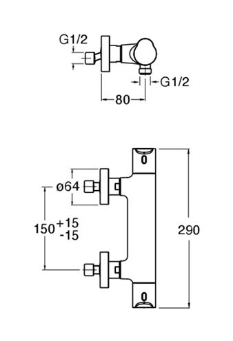 CONCEPT 300 ROUND sprchová nástenná termostatická batéria, chróm CRIND45151CON Technický nákres