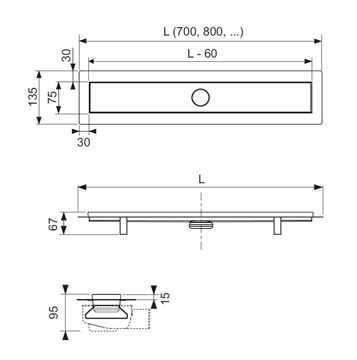TECE LINUS sprchový žľab 700 mm, do priestoru, bočný odtok DN 50, rošt, membránový pachový uzáver, nerez oceľ 15100079 Technický nákres