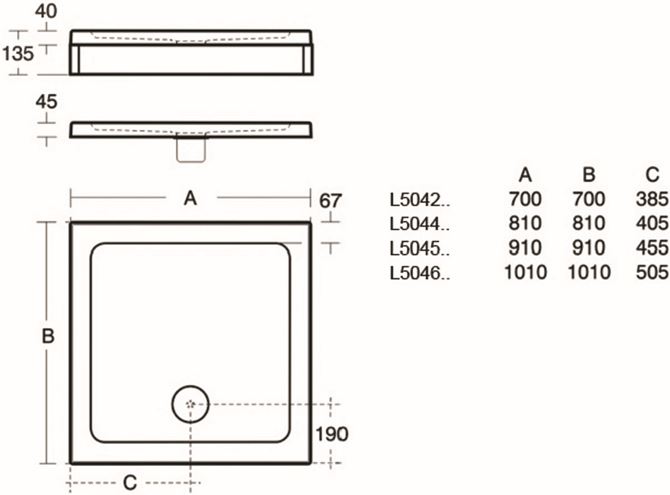 IDEAL STANDARD SIMPLICITY sprchová vanička 81x81 cm, liaty mramor, bez nožičiek L504401 Technický nákres