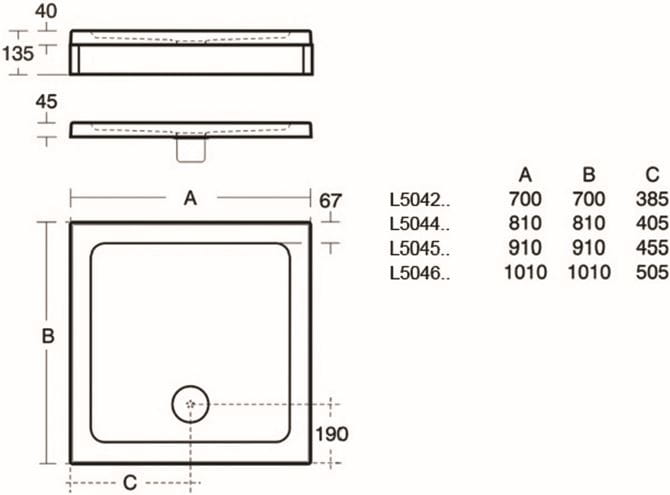 IDEAL STANDARD SIMPLICITY sprchová vanička 91x91 cm, liaty mramor, bez nožičiek L504501 Technický nákres
