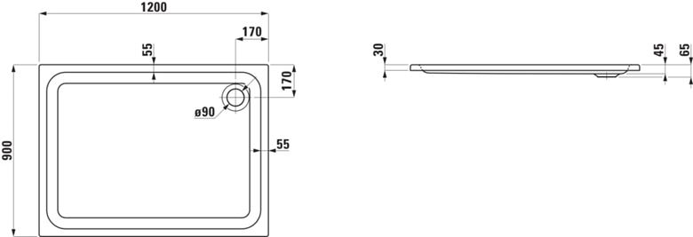 LAUFEN SOLUTIONS sprchová vanička 120x90 cm, akrylát, bez nožičiek H2125030000001 Technický nákres