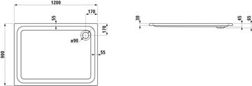 LAUFEN SOLUTIONS sprchová vanička 120x90 cm, akrylát, bez nožičiek H2125030000001 Technický nákres