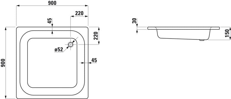 LAUFEN PLATINA sprchová vanička 90x90 cm, smaltovaná oceľ, bez nožičiek H2150220000401 Technický nákres