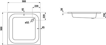LAUFEN PLATINA sprchová vanička 90x90 cm, smaltovaná oceľ, bez nožičiek H2150220000401 Technický nákres