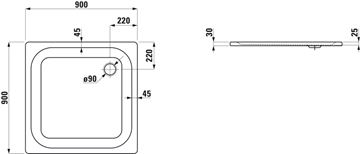 LAUFEN PLATINA sprchová vanička 90x90 cm, smaltovaná oceľ, bez nožičiek H2150020000401 Technický nákres