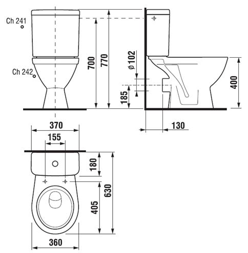 JIKA LYRA PLUS WC kombi, Dual-Flush, zadný odpad, bočné napúšťanie H8263860002413 Technický nákres