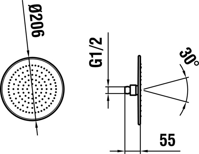 LAUFEN horná sprcha pr. 206 mm, s obmedzovačom prietoku, chróm HF504729100000 Technický nákres