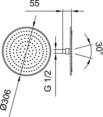 LAUFEN horná sprcha pr. 306 mm, s obmedzovačom prietoku, chróm HF504725100000 Technický nákres