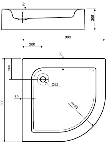 KOLO STANDARD PLUS sprchová vanička 90x90 cm, R550, akrylát, bez nožičiek XBN1490000 Technický nákres