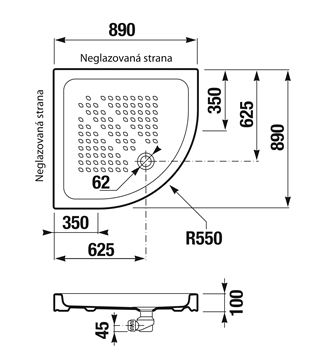 ROCA ITALIA sprchová vanička 90x90 cm, R550, keramika, samonosná, Antislip A374774000 Technický nákres