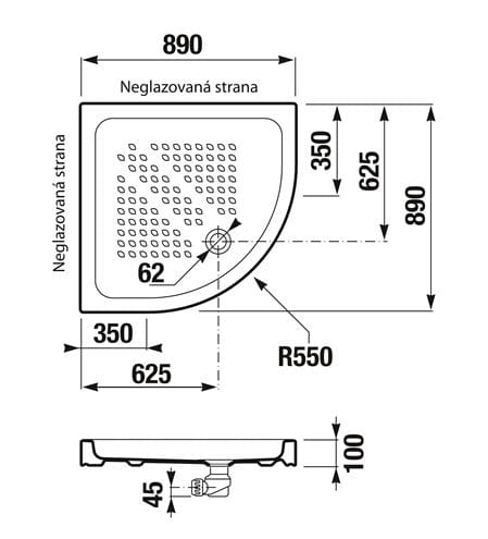 ROCA ITALIA sprchová vanička 90x90 cm, R550, keramika, samonosná, Antislip A374774000 Technický nákres